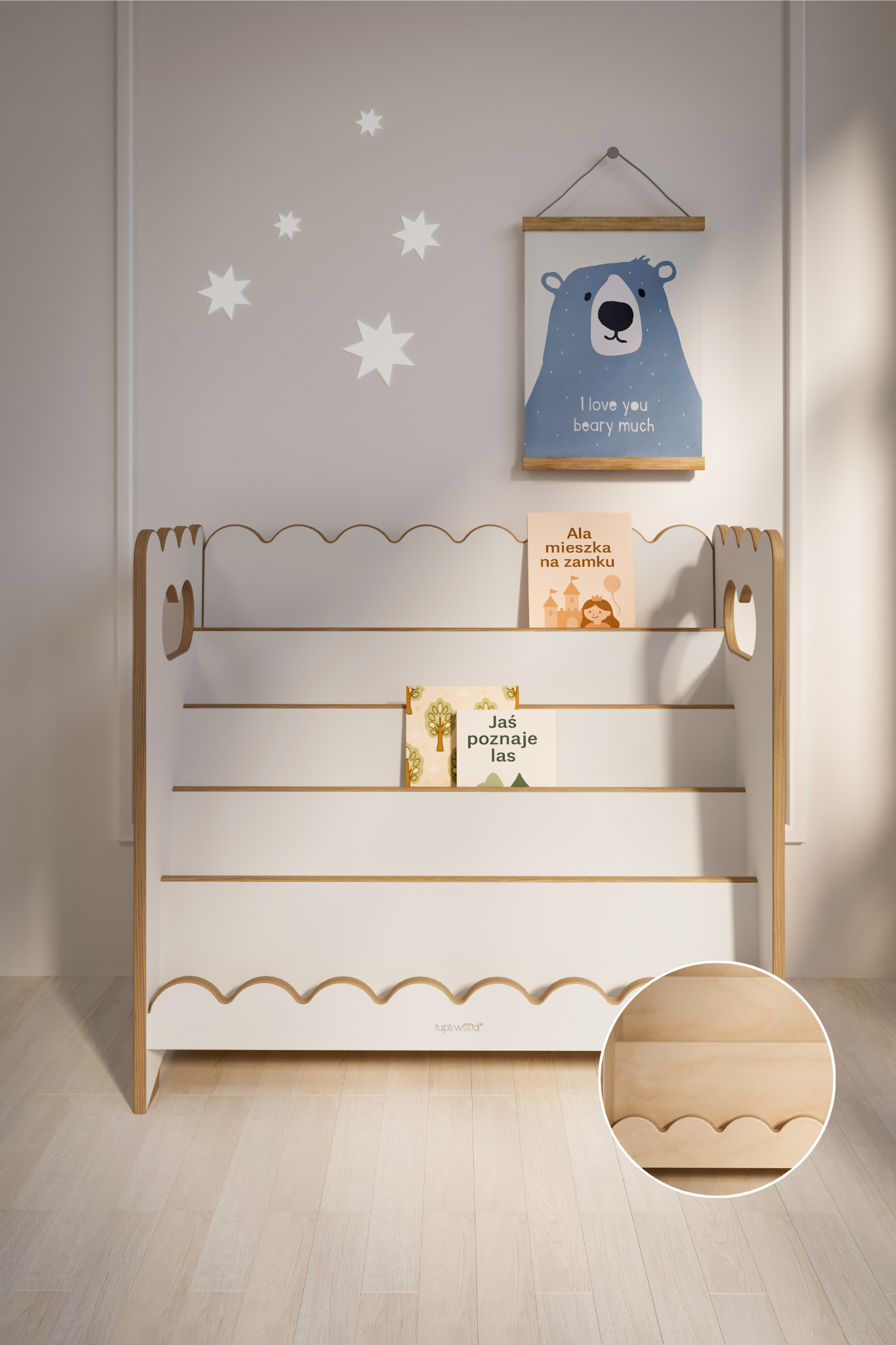 BUBBLE MAXI Montessori Bibliothek mit Rüschen - Kinder Bücherregal - weiß und naturfarben