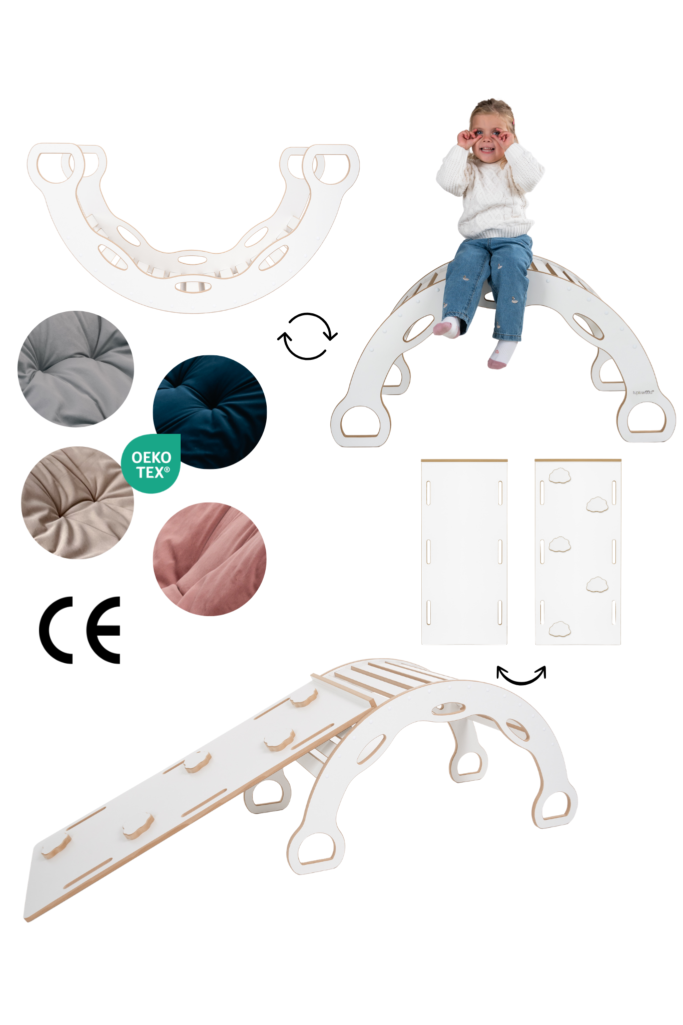 3-in-1 Montessori Bogenwippe XXL Kletterbogen mit Handgriffen + WÖLKCHEN Rutsche + Kissen