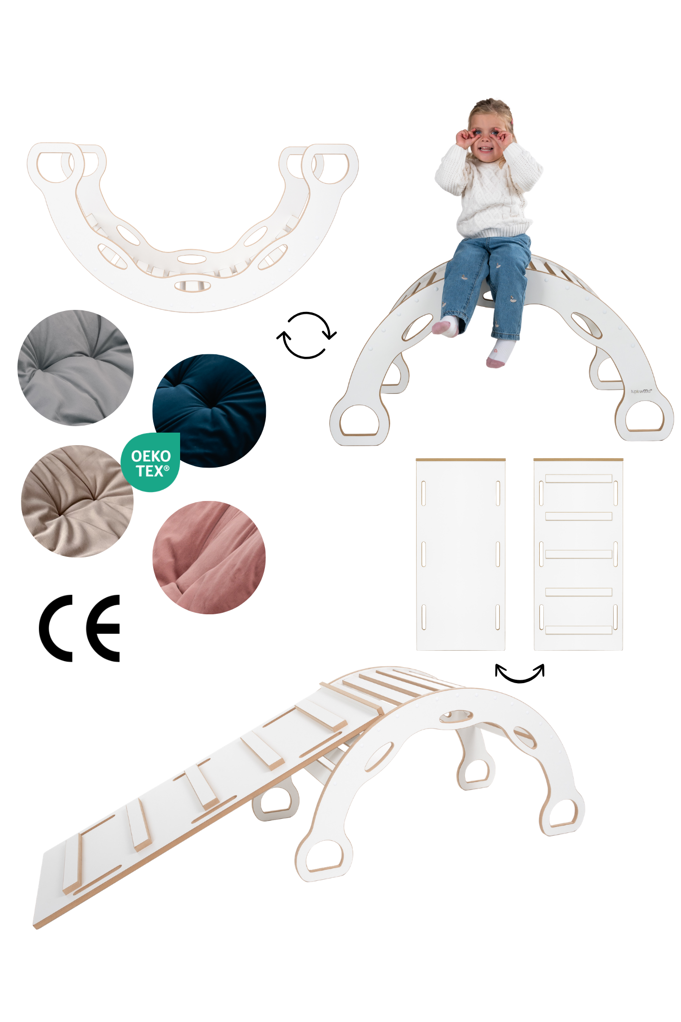 3-in-1 Montessori Bogenwippe XXL Kletterbogen mit Handgriffen + LEITER Rutsche + Kissen